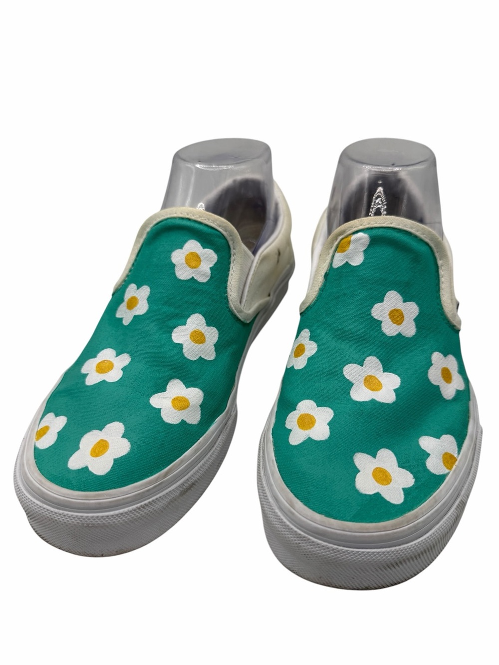 Vans Women’s Teal Slip-On Sneakers with White Daisy Painting - Size 7
